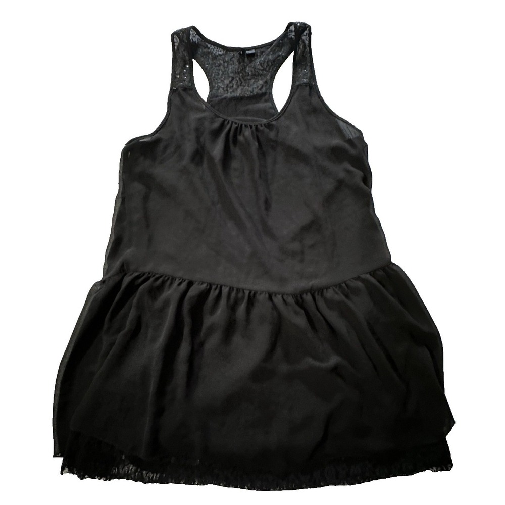 Black Lace Racerback Sleeveless Babydoll Tank Top Womens Medium Sheer